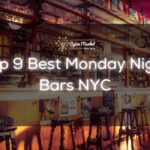 Top 9 Best Monday Night Bars NYC - bar counter with different types of alcohol, chairs and bottles of alcohol design on the ceiling