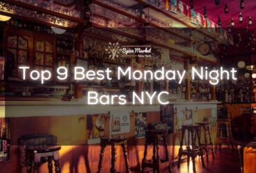 Top 9 Best Monday Night Bars NYC - bar counter with different types of alcohol, chairs and bottles of alcohol design on the ceiling