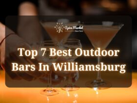 Top 7 Best Outdoor Bars In Williamsburg - a man serving 2 glasses of alcohol drinks next to two cocktails on a table