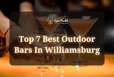 Top 7 Best Outdoor Bars In Williamsburg - a man serving 2 glasses of alcohol drinks next to two cocktails on a table