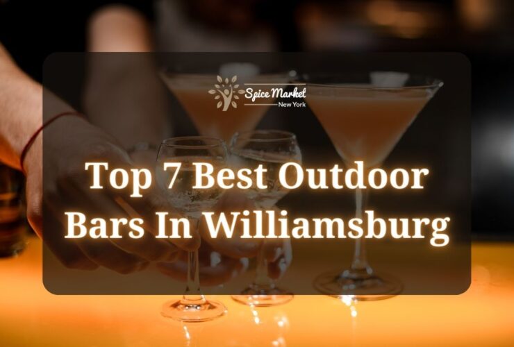 Top 7 Best Outdoor Bars In Williamsburg - a man serving 2 glasses of alcohol drinks next to two cocktails on a table