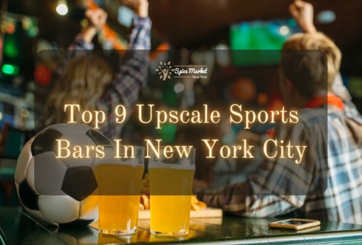 Top 9 Upscale Sports Bars In New York City - a soccer ball and two glasses of beer on a table and two people drinking while enjoying watch sports on TV inside a sports bar